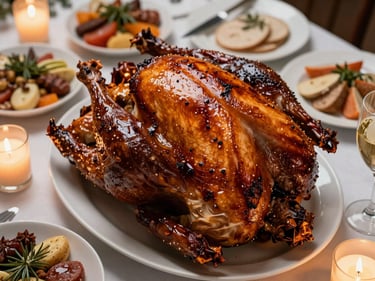 Overhead shot of smoked turkey and holiday sides arranged on a banquet table with warm candlelight, deep amber tones, smoke-glazed skin glistening under the light
