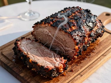 Close-up overhead shot of a whole smoked brisket being carved on a wooden board at a wedding reception table setting, golden hour light, smoke ring visible in the cross-section