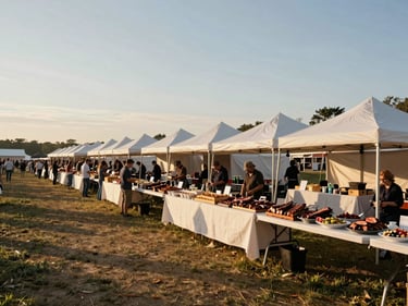 Wide environmental shot of an outdoor festival catering setup under open sky, long tables with smoked meat platters and side dishes, golden hour light casting long shadows across the field