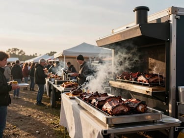 Wide outdoor festival catering scene at golden hour — a long serving station with smoked meats on display, smoke rising from a large offset smoker trailer at right edge, open sky above, crowd implied by trays and serving lines, documentary framing