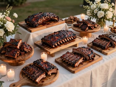 Overhead wide shot of a wedding reception buffet spread at golden hour — whole smoked briskets mid-carve on wooden boards, ribs stacked on trays, elegant cream linens, candles and florals framing the table edges, warm ambient light