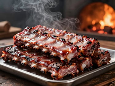 Close-up of a rack of pork ribs stacked on a metal tray, deep mahogany bark, smoke haze in the background of the smokehouse, warm orange ambient light