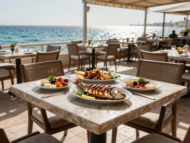 Outdoor restaurant table in Sharm El Sheikh, grilled fish and mezze dishes in natural setting, direct midday sun on a tiled terrace, sea glimpsed through an open-air canopy at the far edge