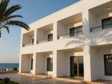 Coastal hotel exterior at Sharm El Sheikh, low afternoon sun casting warm shadows across a white facade, palm fronds at the left edge, Red Sea visible in the background