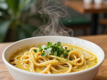 Medium shot of a steaming bowl of curry noodles with fresh herbs, warm cafe background, deep forest green accents, natural daylight.