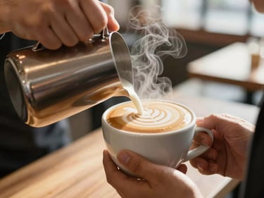 Close-up of a barista pouring latte art into a ceramic cup, steam rising, warm cafe lighting, cream and coffee brown tones, shallow depth of field.