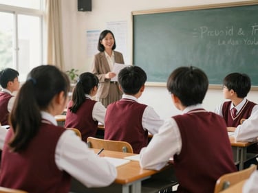 Senior high school students presenting a group project in a bright classroom, teacher smiling in the background, warm daylight, candid, 35mm