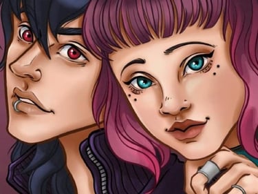 dos jovenes una con cabello violeta y percing y otra cablleo azul