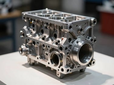 Close-up studio shot of a bare engine block on a white surface, part number stamped on the casting visible, sharp shadow definition, industrial lighting