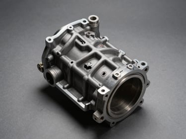 Overhead studio shot of an automotive transmission casing on a grey neutral surface, serial number plate visible, high-contrast directional light
