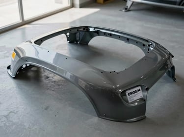 Flat lay of automotive body panel fender on a neutral grey warehouse floor, OEM packaging label readable, bright north-facing daylight indoors