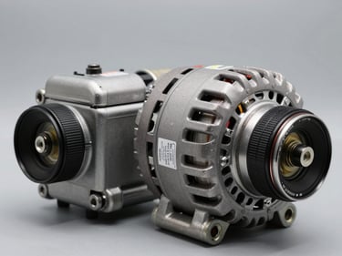 Close-up of automotive alternator and starter motor side by side on a light grey surface, part codes visible on stickers, sharp studio strobe lighting