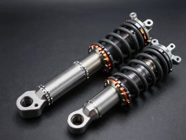 Close-up flat-lay of a coilover suspension strut and spring assembly on a dark matte surface, studio side-lighting revealing anodized finish and machined threads