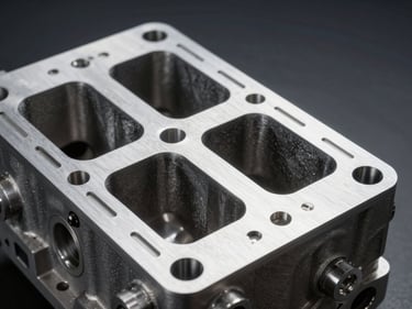 Extreme close-up of a machined aluminum engine block surface under dramatic side-lighting, metallic texture sharp against a dark matte background, precision casting detail visible