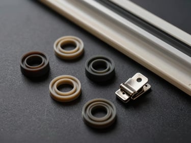Flat-lay close-up of body trim clips, rubber seals and a door molding strip arranged on a dark matte background, studio lighting revealing material finish and clip geometry