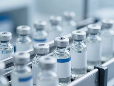 Sterile glass bottles of oral liquid medicine on an automated filling line, bright high-key laboratory lighting, sharp macro focus, 35mm
