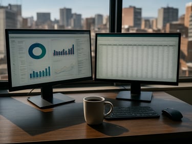 A desk with two monitors displaying a CRM dashboard and a spreadsheet, a coffee cup mid-frame, Bogotá city blocks visible through a window behind, noon daylight, high contrast
