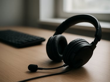 Close-up of a headset resting on a tidy desk beside a keyboard, daylight from a window, sharp focus on the headset cord, neutral workspace background, high contrast