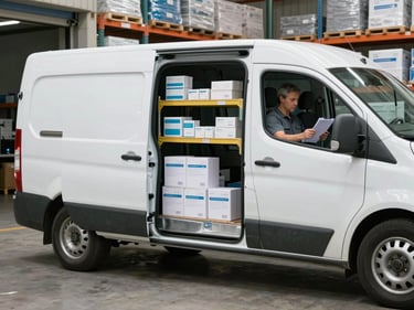 White minivan at a medical supply warehouse loading bay, side door open revealing organized shelving of boxed supplies, driver checking manifest on clipboard