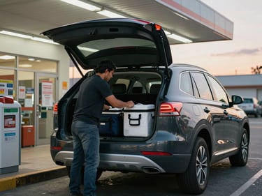 Dark SUV backed up to a pharmacy dock in early morning, driver loading insulated cooler bags into the cargo area, fluorescent dock lighting overhead
