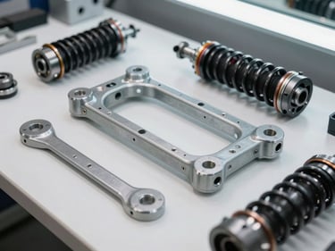 Close-up shot of EV structural frame brackets, axle components, and suspension parts arranged on a white workbench under bright clinical overhead lighting, metal finish in sharp focus