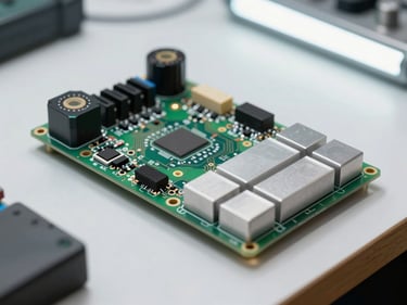 Close-up shot of an EV motor controller circuit board and heat sink on a clean white workshop bench, bright clinical overhead lighting, precise component labeling visible