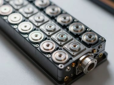 Extreme close-up overhead shot of an EV lithium battery pack, cells exposed, under bright studio strobe lighting on a white workshop surface, sharp component detail visible