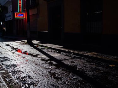 High-contrast night street photography in Mexico City, neon signs reflecting on wet asphalt, deep shadows, gritty film grain