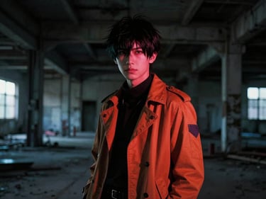 Highly stylized cosplay portrait in a gritty abandoned warehouse, dramatic neon backlighting, sharp contrast