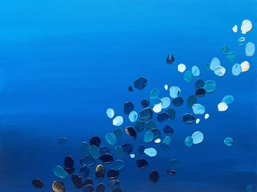 Kate Young abstract painting, size 18x24, blue and teal, Guelph artist