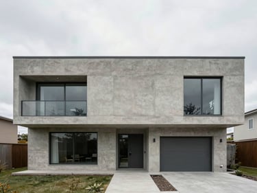 Straight-on architectural shot of a modern concrete house exterior, un-staged, overcast sky, realistic tones