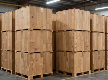 Wide shot of identical wooden packing boxes stacked in organized rows on a warehouse floor under overhead industrial lighting, uniform grain direction visible across all faces