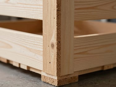 Extreme close-up of a pinewood crate corner joint under raking side-light, wood grain running diagonally, dovetail construction clearly visible, warehouse floor visible at bottom edge