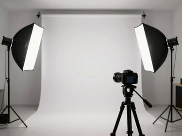 Studio interior with a preset lighting setup already live — two softboxes aimed at a white cyclorama wall, tripod with camera on timer mount in foreground, room empty and ready, shot from the entry angle