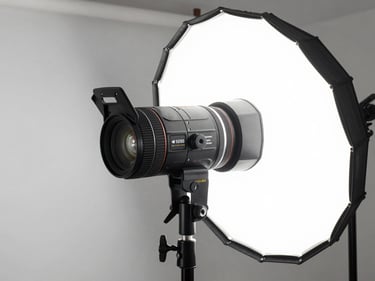Close-up of a studio strobe head with a large octabox modifier attached, mounted on a light stand against a white studio wall, clean and precise, technical detail visible on the housing