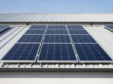 Straight-on architectural shot of a 6kW solar system on a residential building, clean industrial aesthetic, bright sunlight.