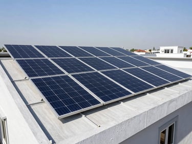 Crisp architectural photo of a 3kW solar panel array on a residential rooftop in Lahore, bright direct sunlight, clean lines.