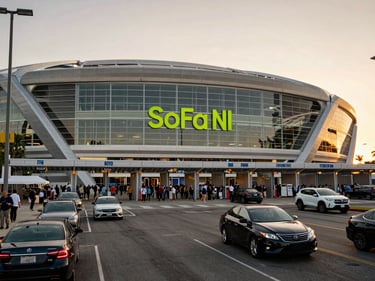 Ground-level wide shot of SoFi Stadium exterior at golden hour, crowds exiting the south gates, vehicles at the curb, amber sky behind the stadium arch, real street context visible