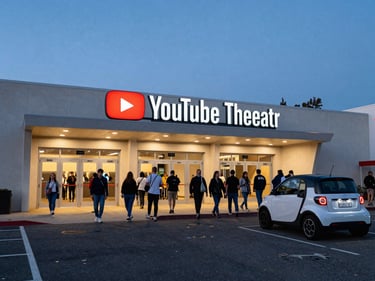 Ground-level shot of YouTube Theater entrance at dusk, event signage lit above the doors, crowd of attendees moving outward, a compact electric vehicle staged on the right curb, real street asphalt and parking lot visible in background