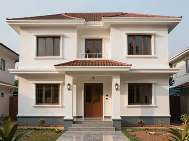 Exterior front elevation of a completed two-storey individual home in Chennai, diffused afternoon light, clean plastered facade, tiled entrance step, narrow front yard visible