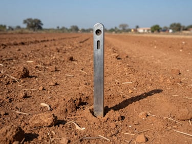 Close-up entry-level perspective of a residential plot boundary marker on bare laterite soil, Chennai midday sun casting a sharp shadow, surveyor stake visible, clear blue sky above