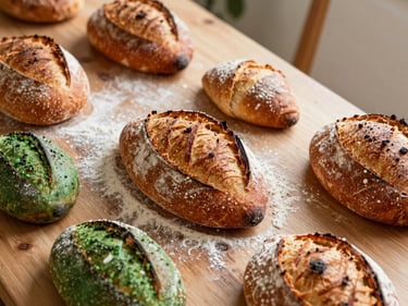 Rustic wooden table laden with freshly baked sourdough loaves and pastries, flour dusting the surface, natural light, editorial framing.