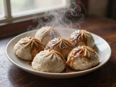 Steaming plate of traditional Malaysian breakfast on a rustic plate, soft morning light