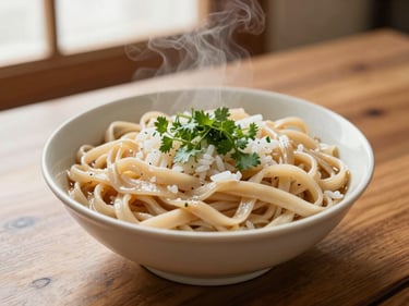 A warm, steaming bowl of local noodles or rice dish with fresh herbs on a wooden table