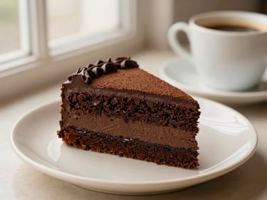 A slice of decadent chocolate cake beside a small cup of espresso on a cream-colored ceramic plate