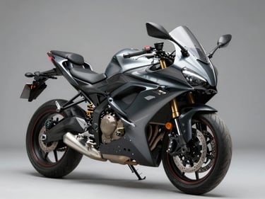 45-degree quartering studio shot of a 250cc quarter-fairing sport motorcycle, neutral grey background, key light from upper right revealing instrument pod and front brake caliper