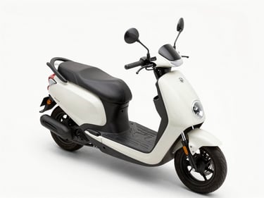 Overhead studio shot of a 110cc automatic scooter, neutral white surface, even daylight, full scooter from above showing storage compartment and seat