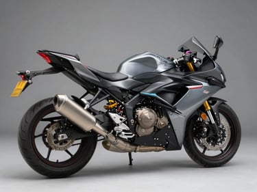 45-degree quartering studio shot of a 150cc sport motorcycle, neutral grey background, key light from upper left revealing exhaust and rear fairing detail