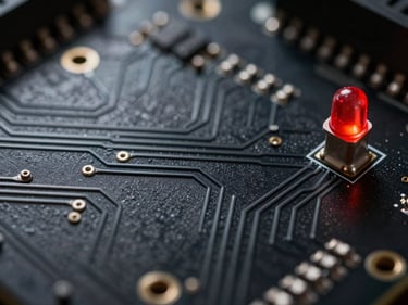 Extreme close-up of an illuminated circuit trace on a matte black PCB, a single crimson LED glow in the upper right corner, sharp side-light revealing micro-texture, no human elements