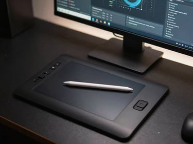 Overhead shot of a dark workstation, a high-contrast UI interface visible on a monitor screen, a stylus resting on a matte drawing tablet, narrow LED strip providing cold edge-light from behind, no human faces